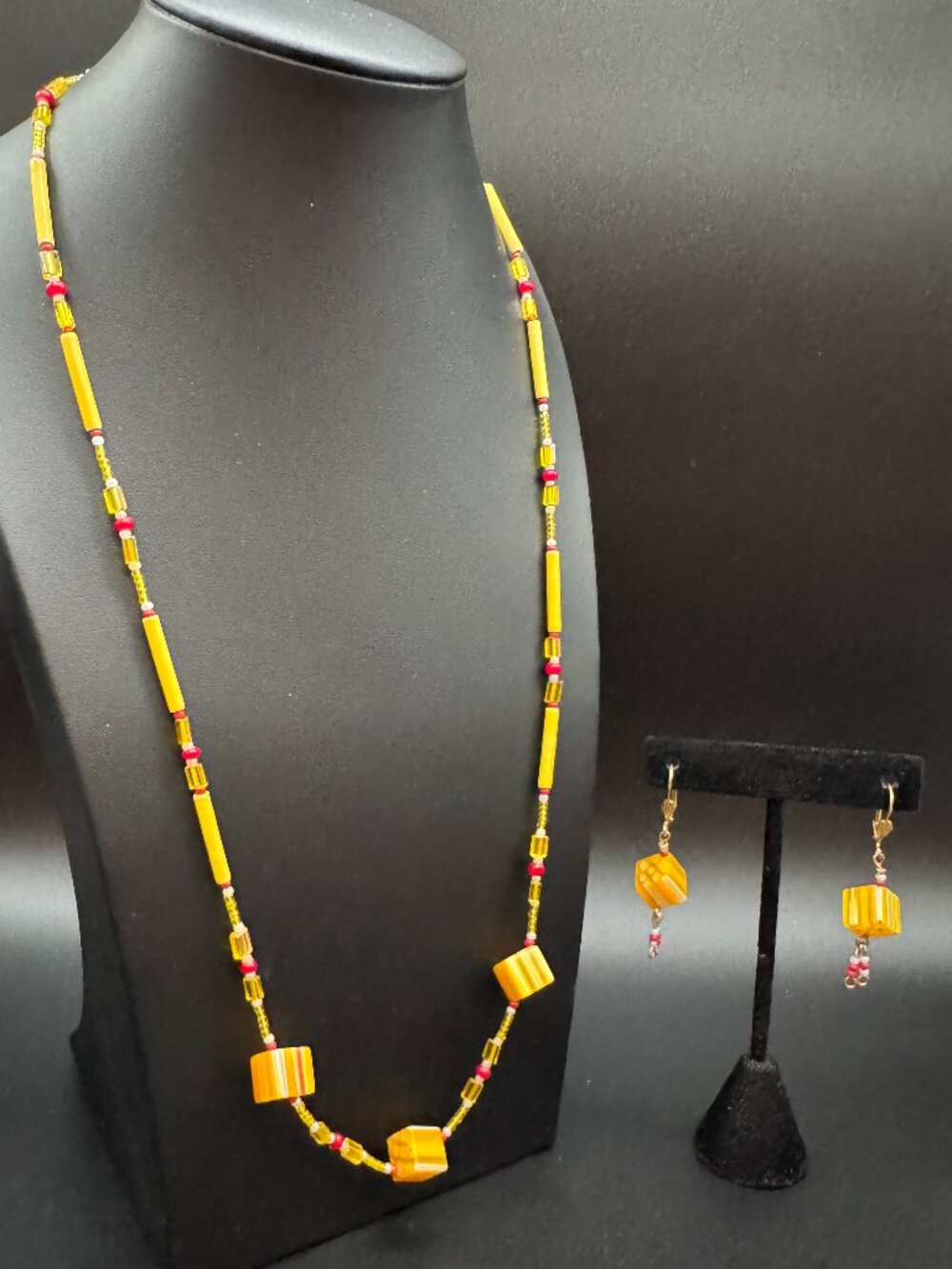 Necklace and Pierced Earrings Set Millefiori Yellow Glass Beads 26 inches